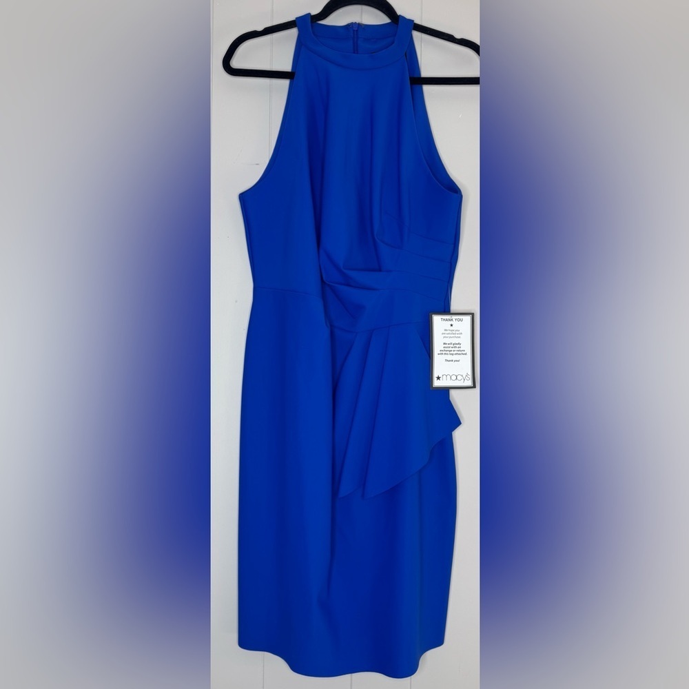 Alex Evenings Royal Blue High-Neck Ruffled Sheath Midi Dress Medium NWT
